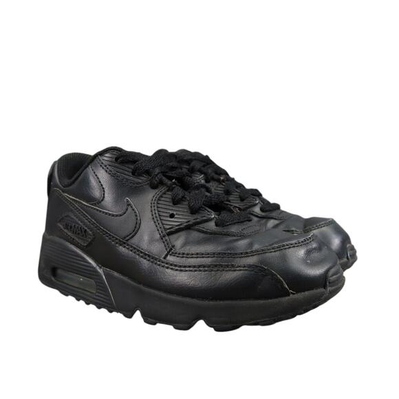 Nike Shoes Kids 2 Sneaker Air Max 90 Black Leather Lace Up Athletic Sport Active - Picture 1 of 13